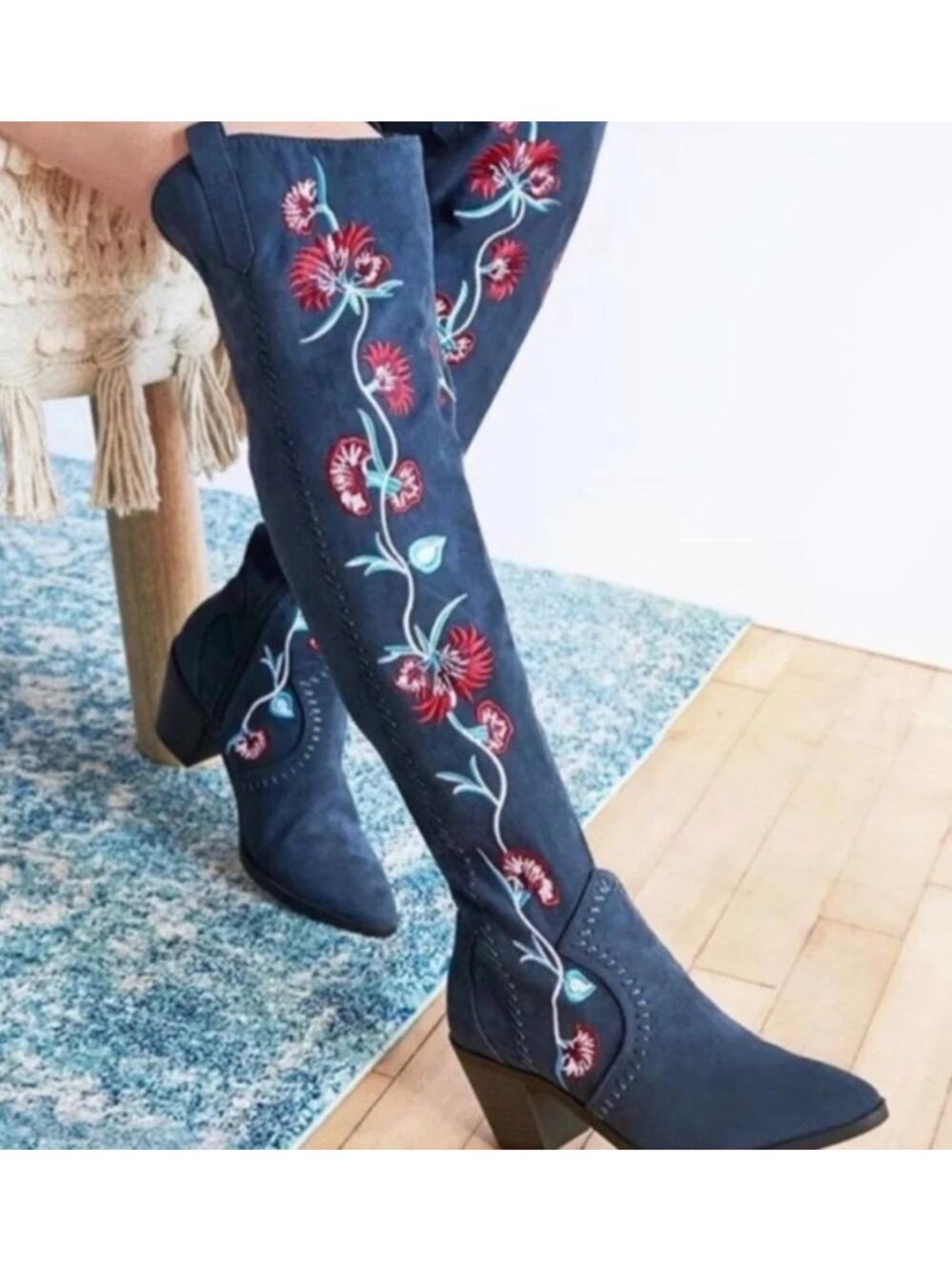 Carlos Santana Alexia Embroidered Floral Over The Knee High Boots Western Blue